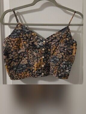 American Eagle Outfitters Black Floral Button-Front Crop Top
